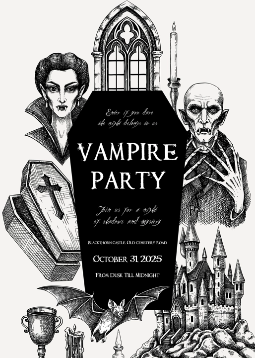 Vampire party invitation design. Halloween hand drawn vector illustration. Gothic flyer template, vinatge card print. NOT AI generated
